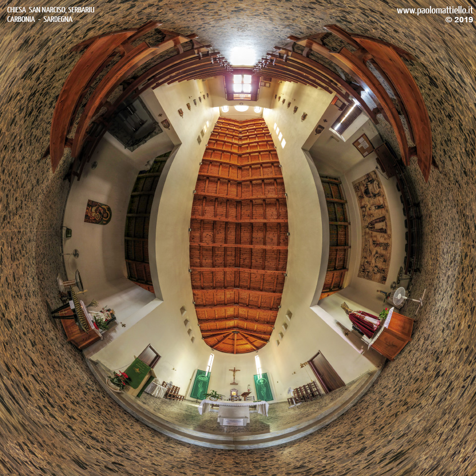 panorama stereografico stereographic - stereographic panorama - Sardegna→Carbonia | Serbariu, chiesa di San Narciso, interno 30.08.2019