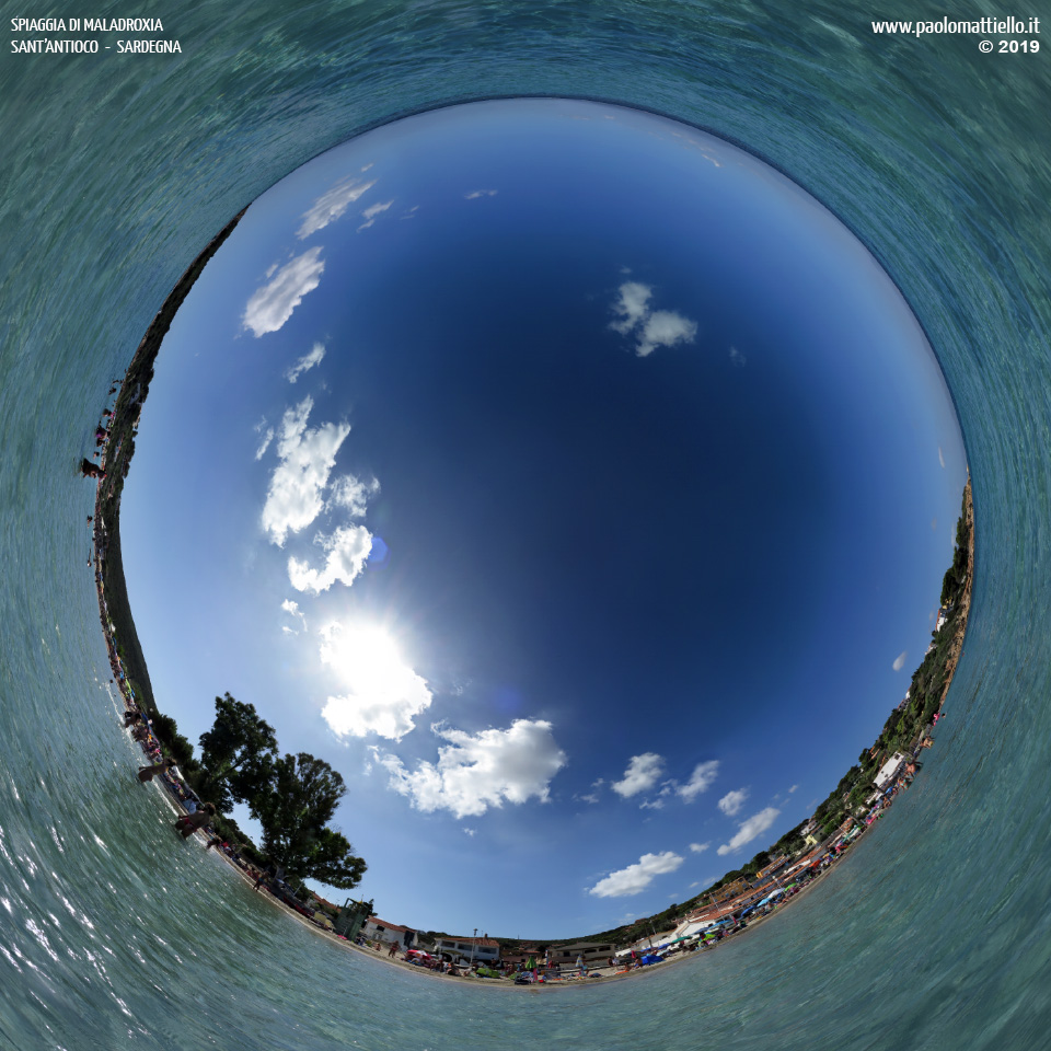panorama stereografico stereographic - stereographic panorama - Sardegna→Sant'Antioco | Spiaggia di Maladroxia dall'acqua alta 1m con G16, seconda foto, 05.09.2019