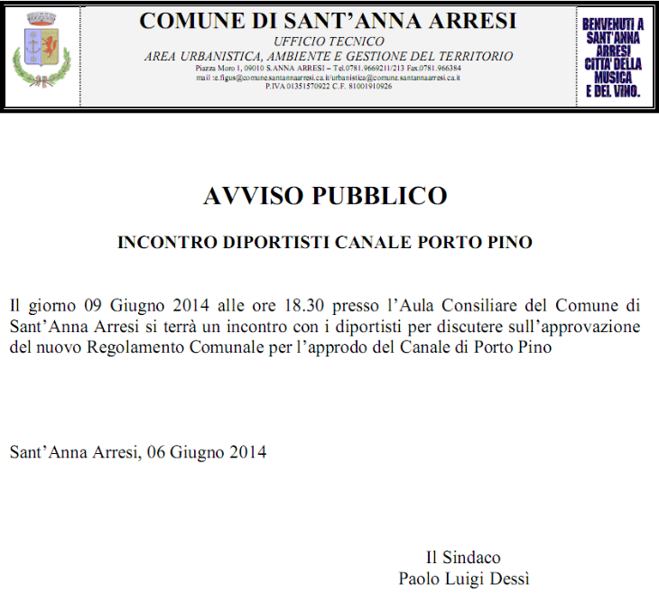 avviso incontro diportisti canale Porto Pino